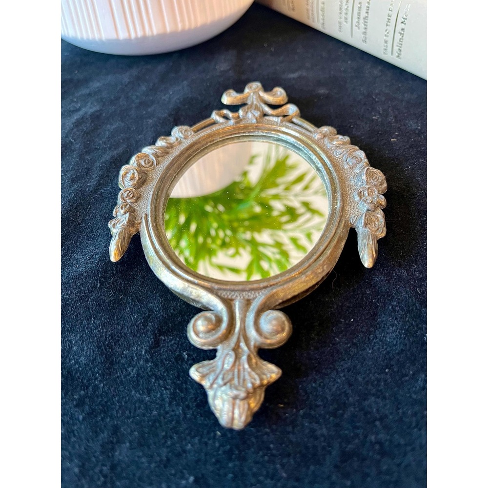 Vintage Made in Italy Ornate Floral Rose Vanity Mirror Metal Frame 6"